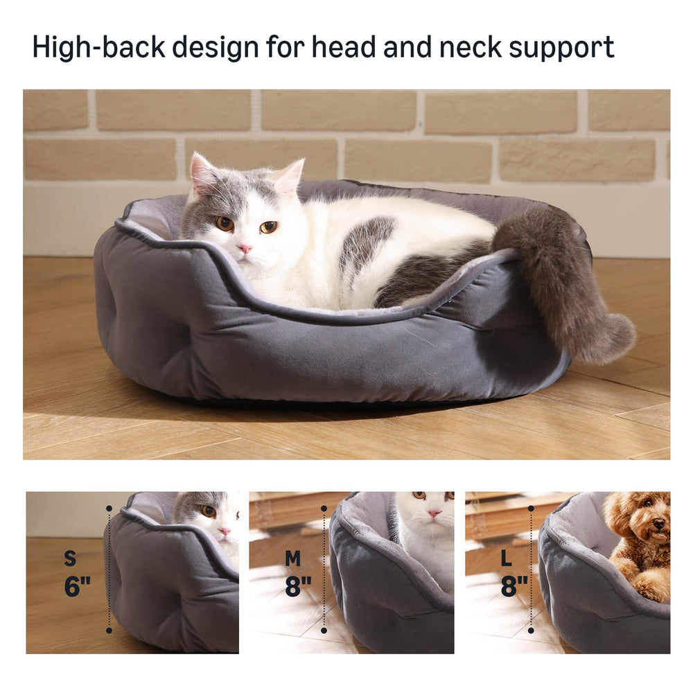 Amazon Basics round dog bed gray non-slip bottom for safe placement.