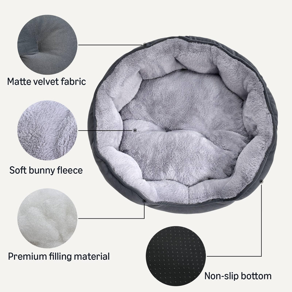 Amazon Basics round dog bed gray top view highlighting soft plush surface.