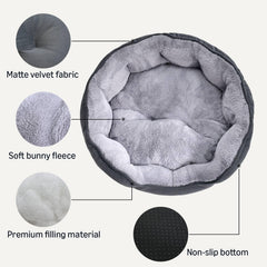 Amazon Basics round dog bed gray top view highlighting soft plush surface.