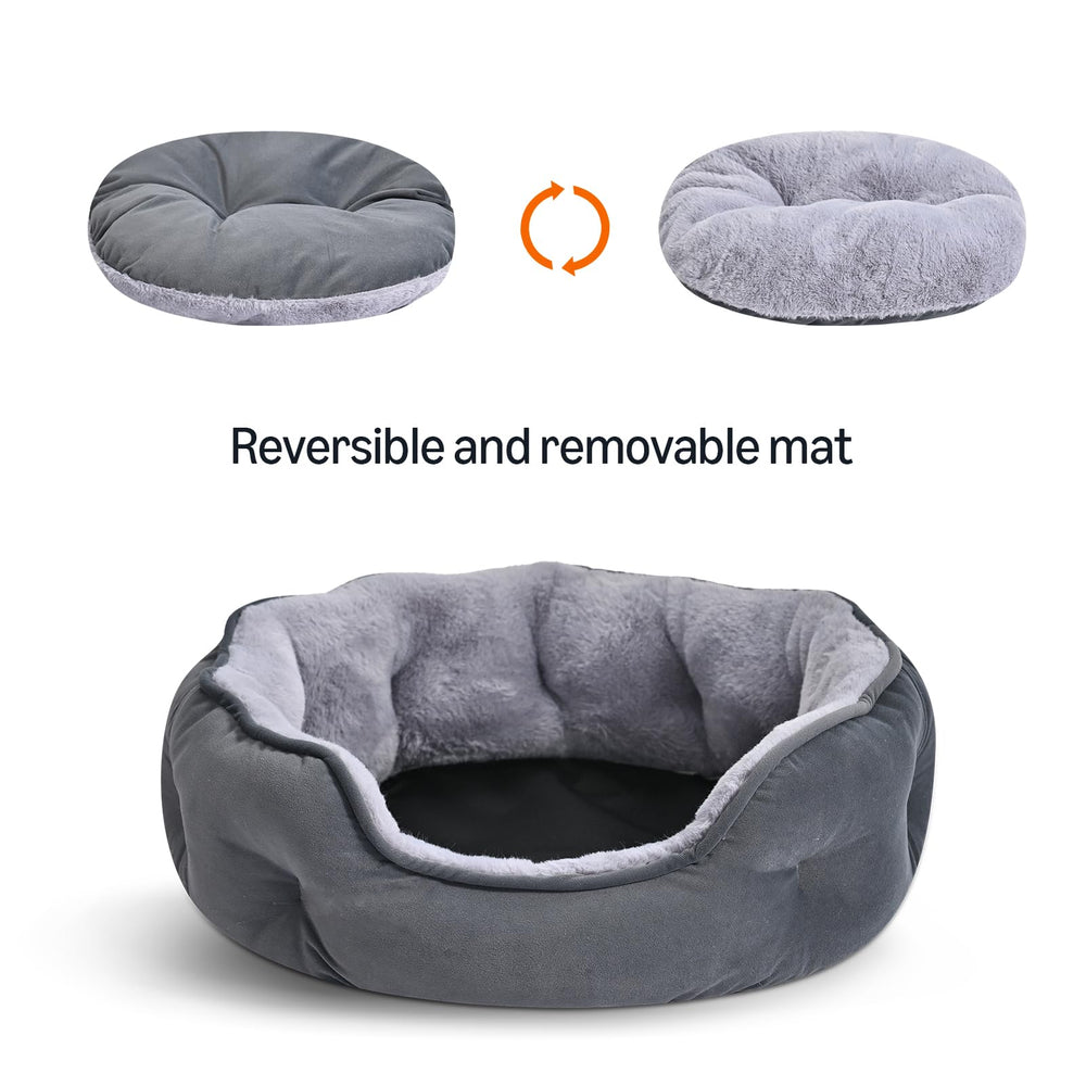 Amazon Basics round dog bed raised bolster edges for head and neck support