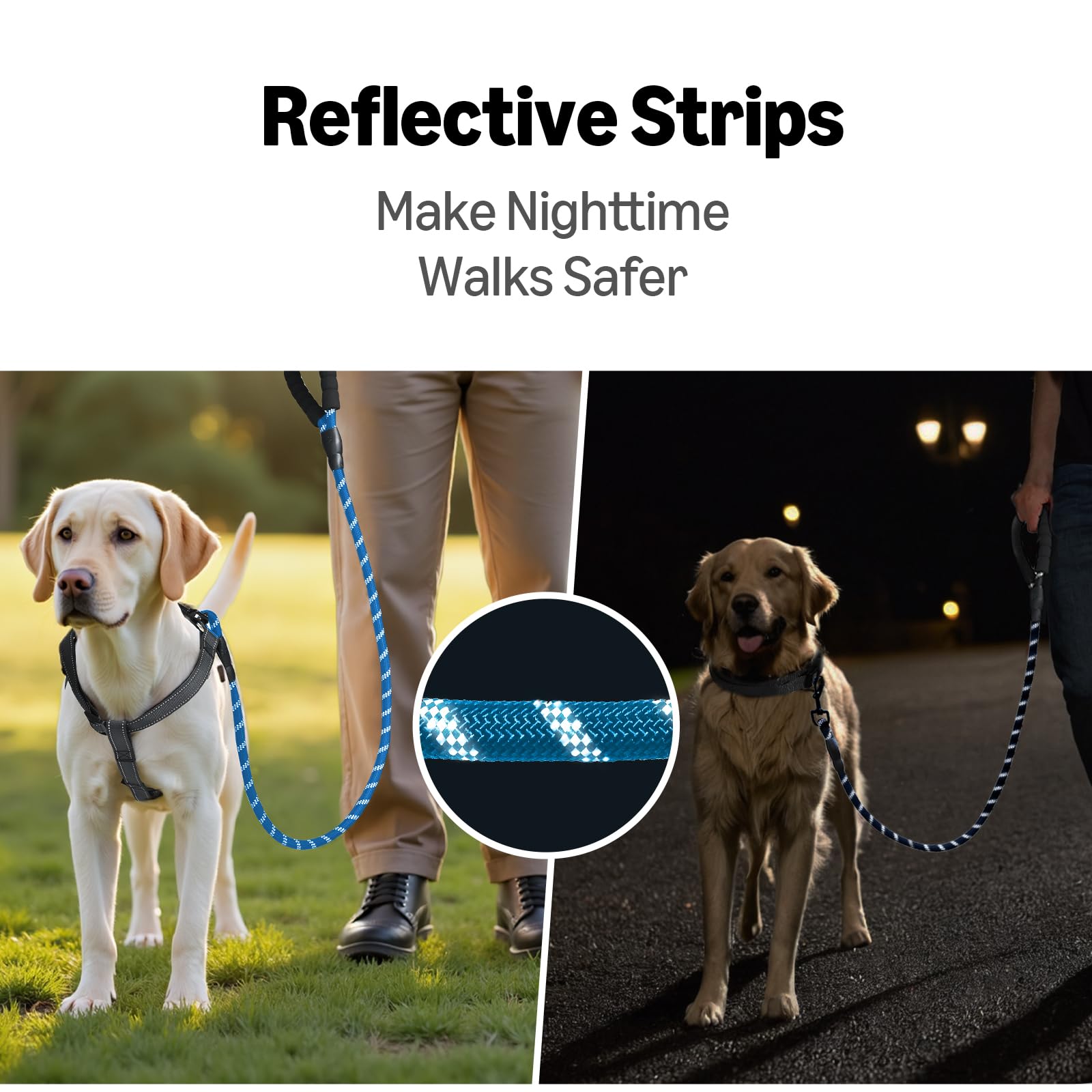 Amazon Basics round dog leash blue packaging display emphasizes recycled materials