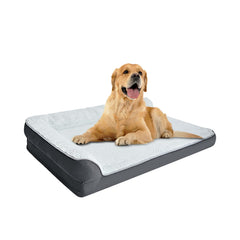Amazon Basics L-shaped dog bed cover shown for easy machine washing.