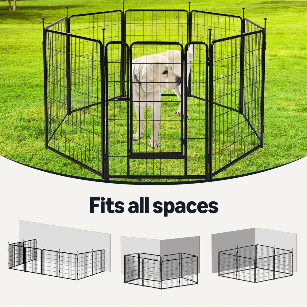 Amazon Basics dog playpen indoor-outdoor scene with ground stakes on grass.