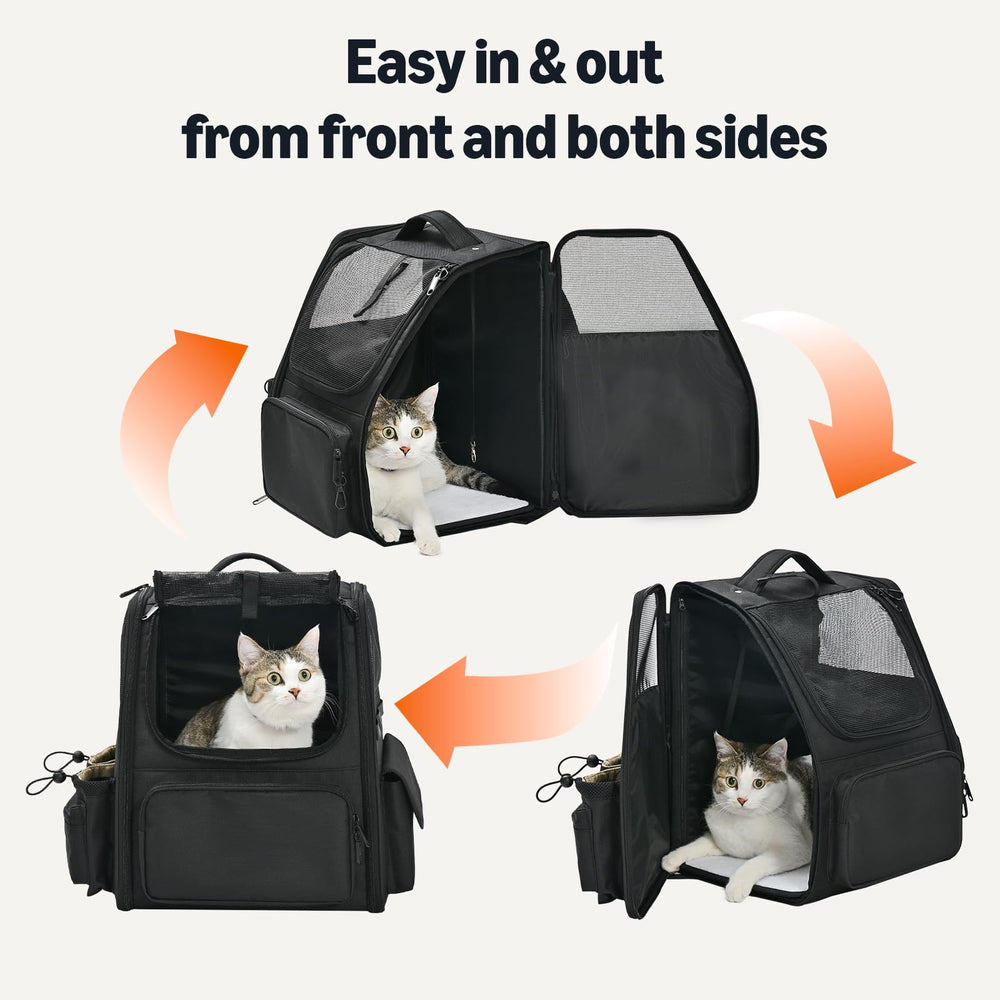 Amazon Basics pet backpack open entrances for easy pet access and escape prevention.