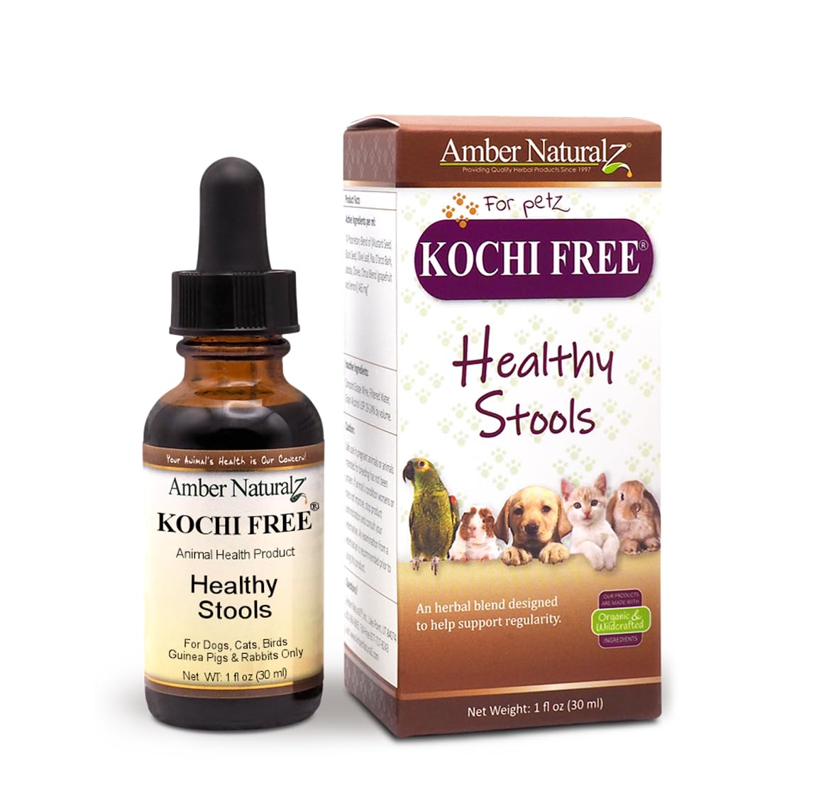 AMBER NATURALZ Kochi Free bottle-front view promotes healthy stools in pets.