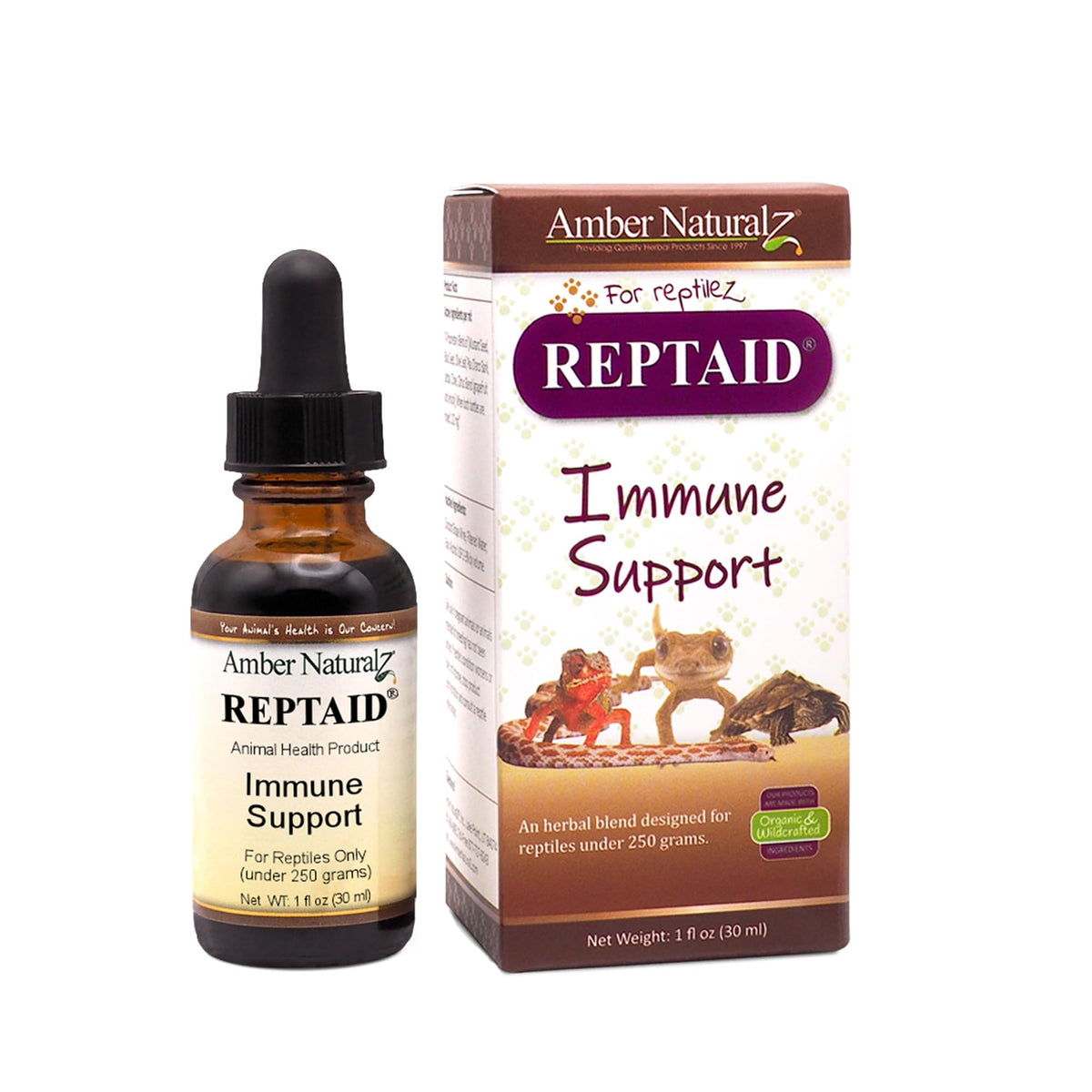 AMBER NATURALZ Reptaid bottle closeup for herbal immune support in small reptiles.