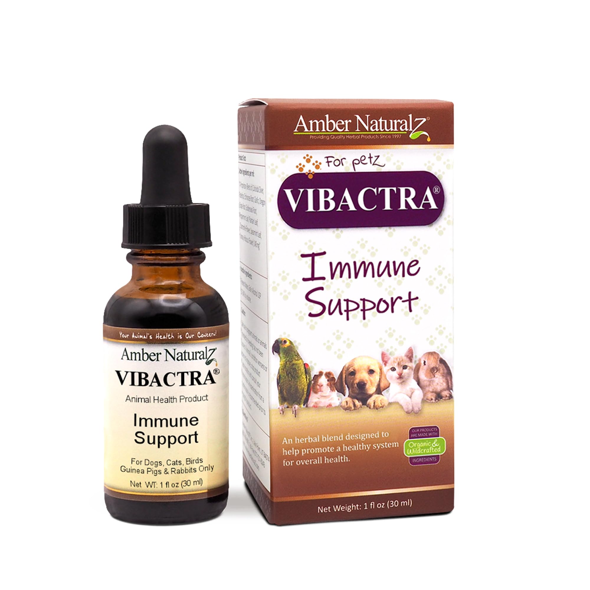 Amber NaturalZ Vibactra immune bottle with dropper for easy pet dosing