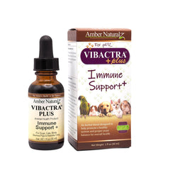 AMBER NATURALZ Vibactra Plus 1oz glass bottle for easy dosing and holistic pet immune support.