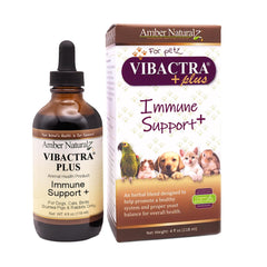 Amber NaturalZ Vibactra Plus bottle shown for pet immune and yeast balance support