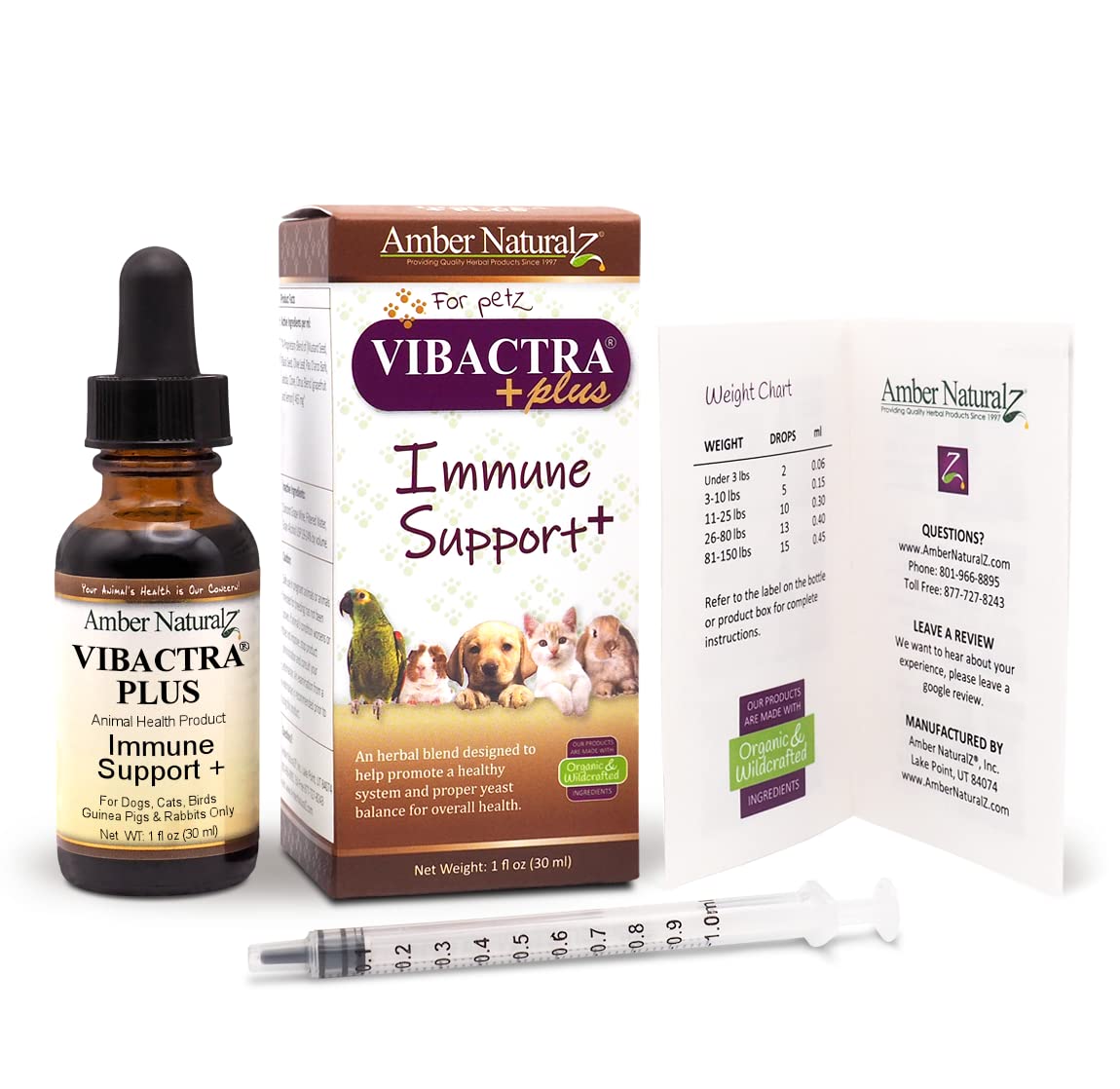 AMBER NATURALZ Vibactra Plus quality-control stamp reinforces trust in pet herbal supplements.