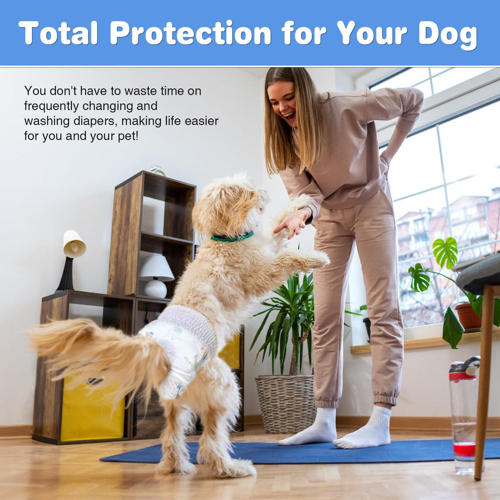 Ambreview dog diapers worn by a dog in heat demonstrates secure fit.