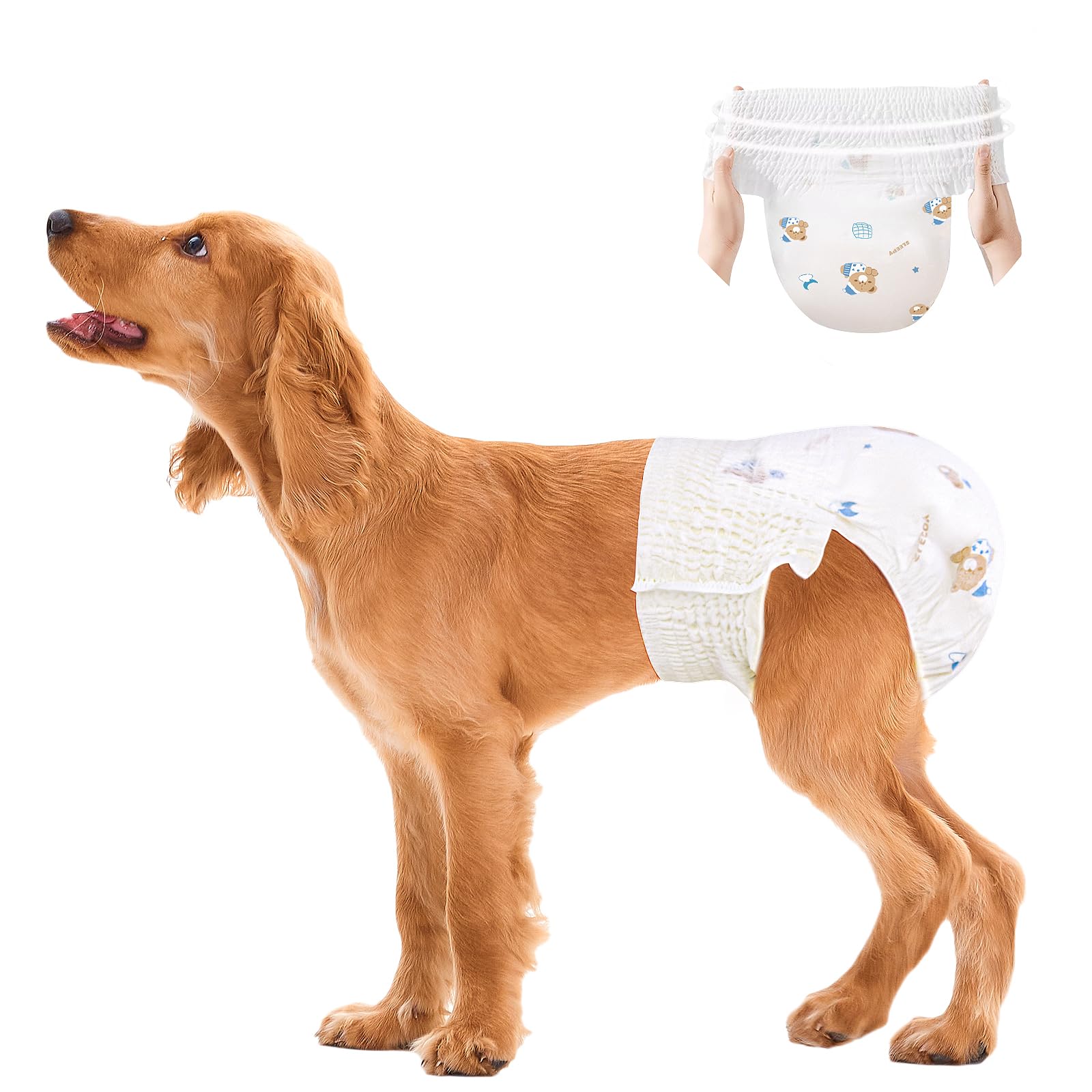 Ambreview dog diapers bear-pattern packaging shows pull-up fit for small dogs.