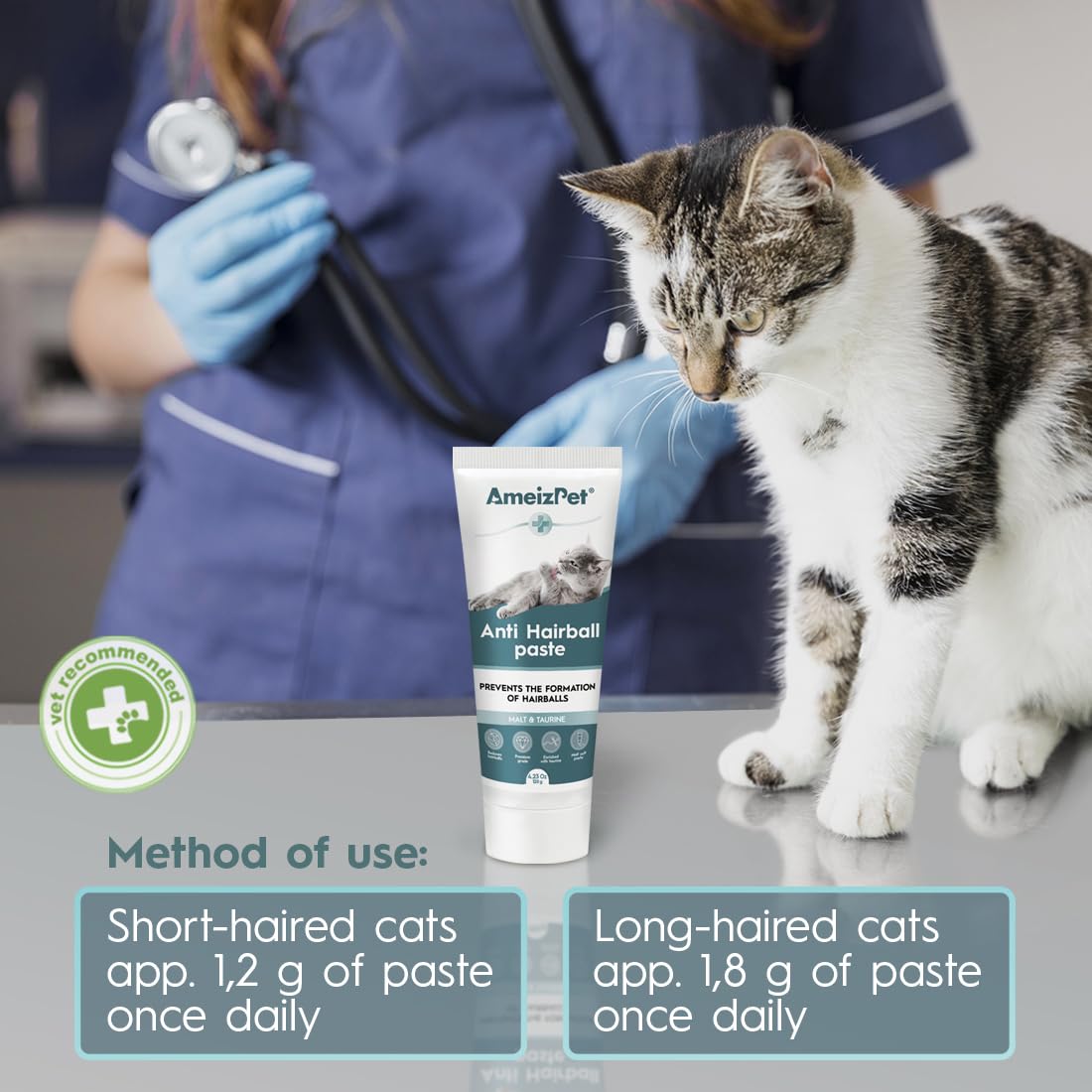 AmeizPet cat-owner dosing scene showing a stress-free routine at home.