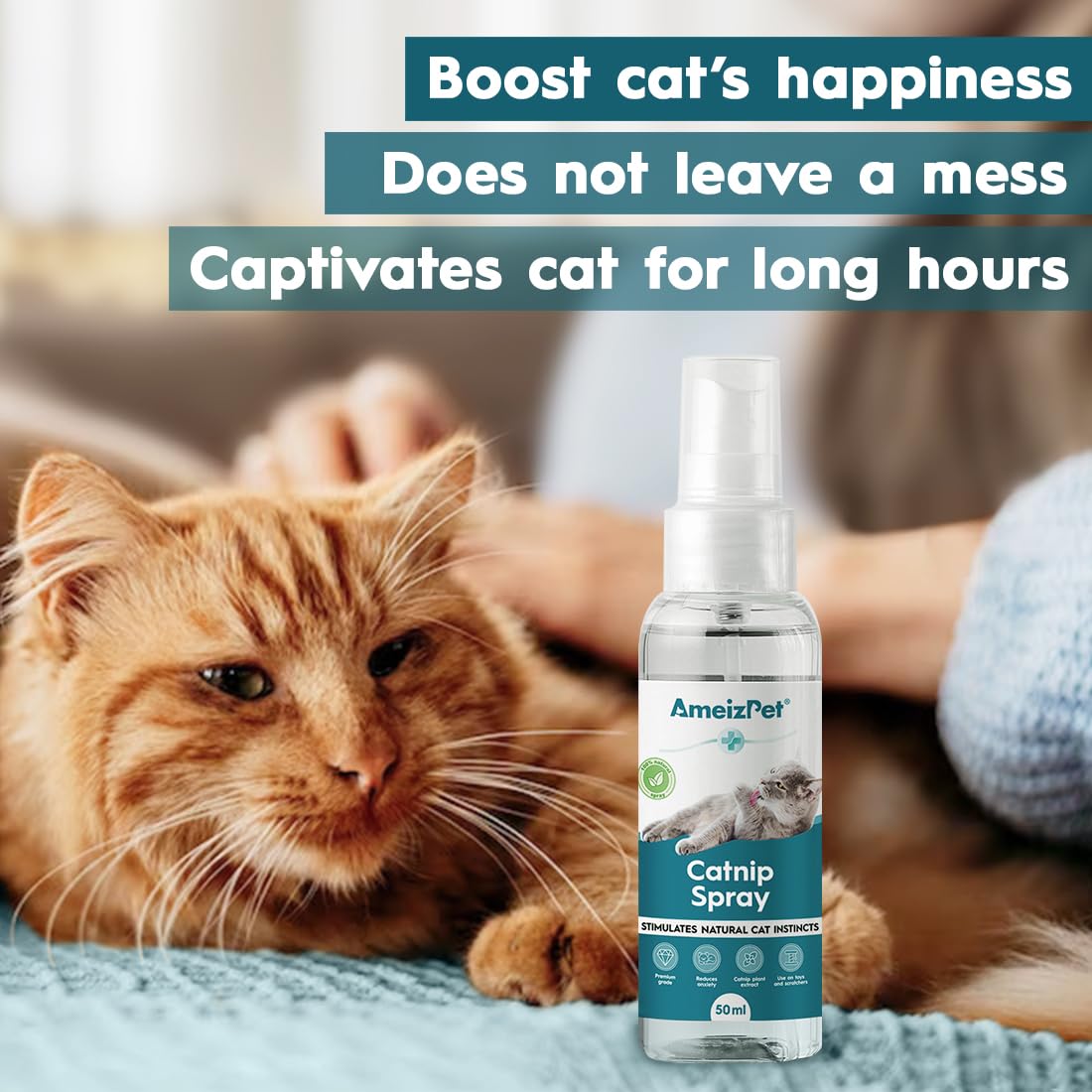 AmeizPet Catnip Spray applied to a scratching post for renewed exploration
