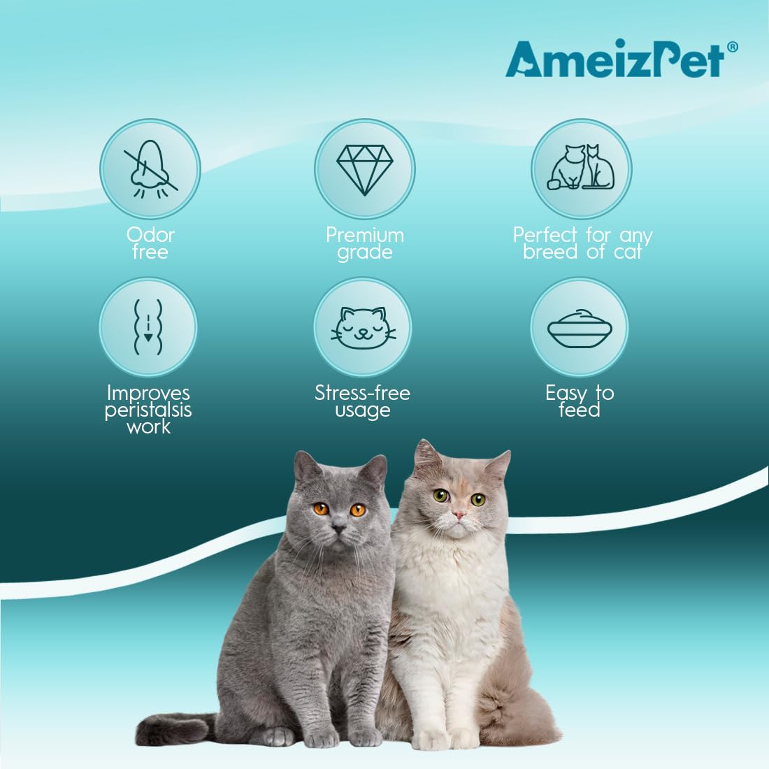 AmeizPet packaging and label highlighting practical, at-home hairball relief.