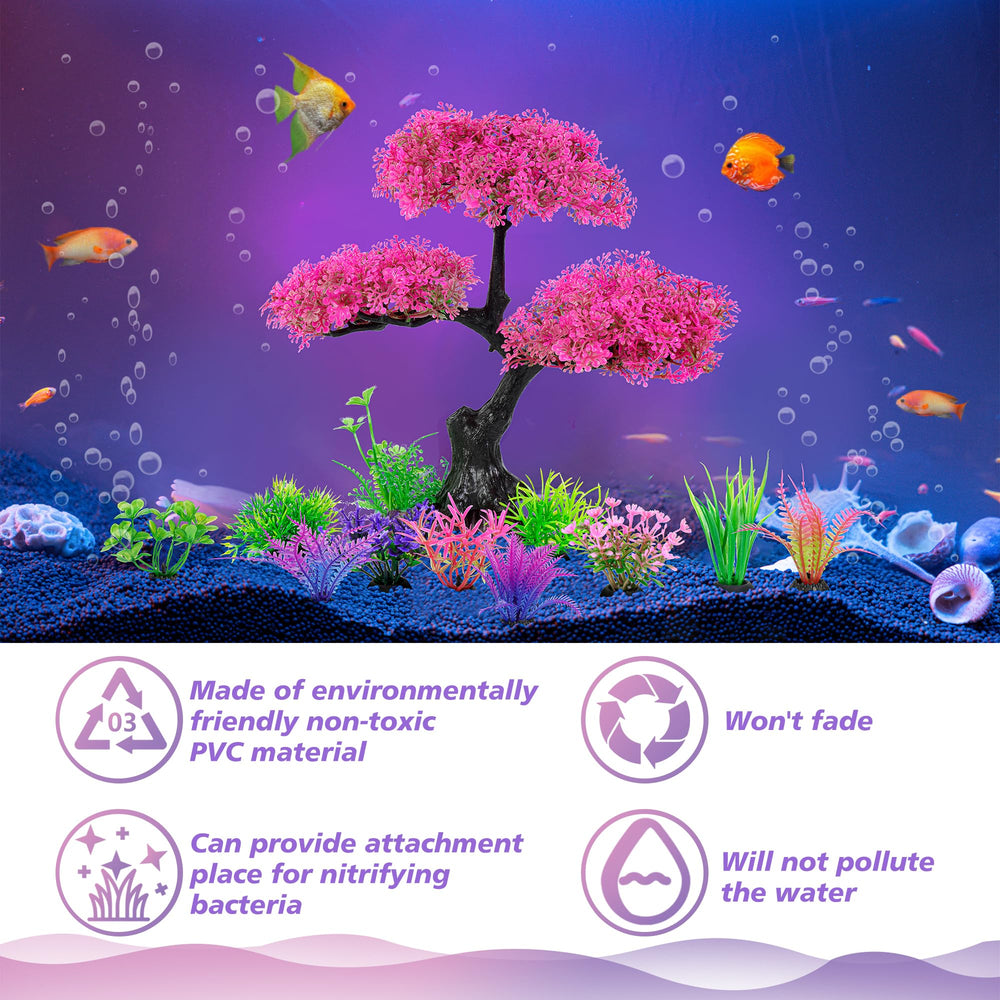 Ameliade plastic plants with soft leaves anchor in gravel for stable display.