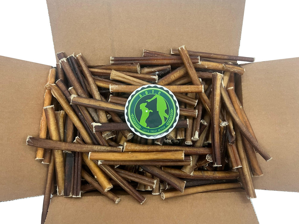 American Dog Treat Company bully sticks; fully digestible, additive-free dog chew.