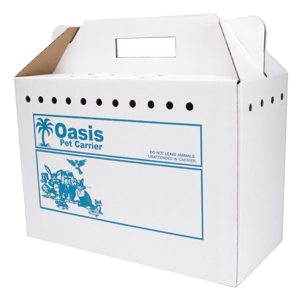 American Health Service disposable cardboard pet carrier assembled for quick, secure transport.