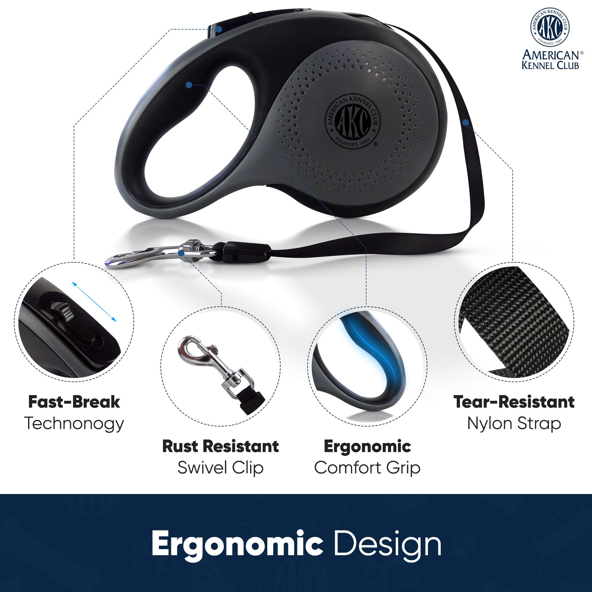 American Kennel Club retractable leash shows ergonomic grip for comfortable long walks.