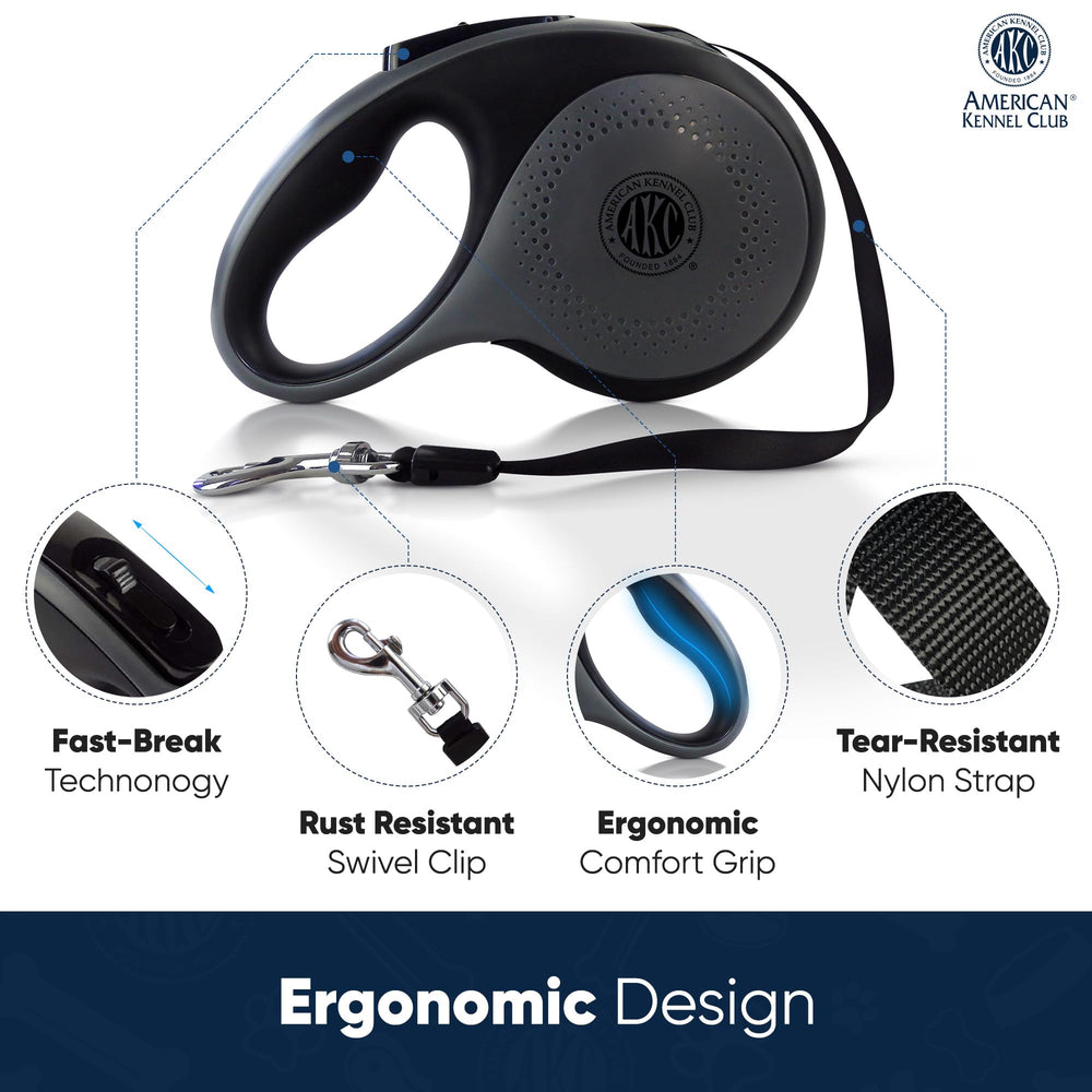 American Kennel Club retractable leash shows ergonomic grip for comfortable long walks.