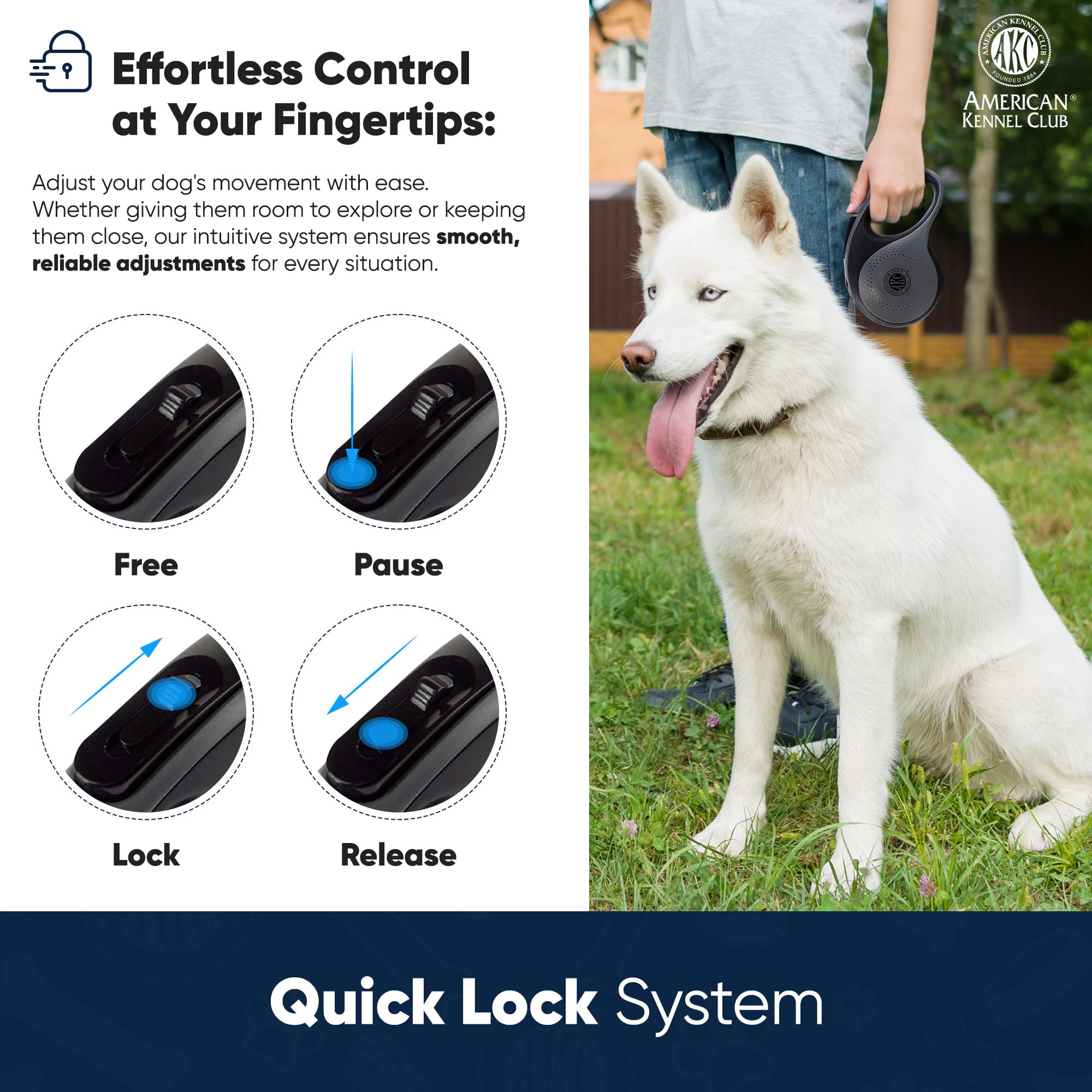 American Kennel Club retractable leash features quick-lock for easy length adjustment in crowds.