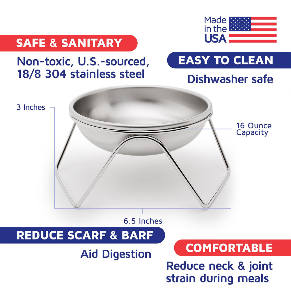 Americat stainless steel bowls elevate feeding and reduce whisker fatigue.