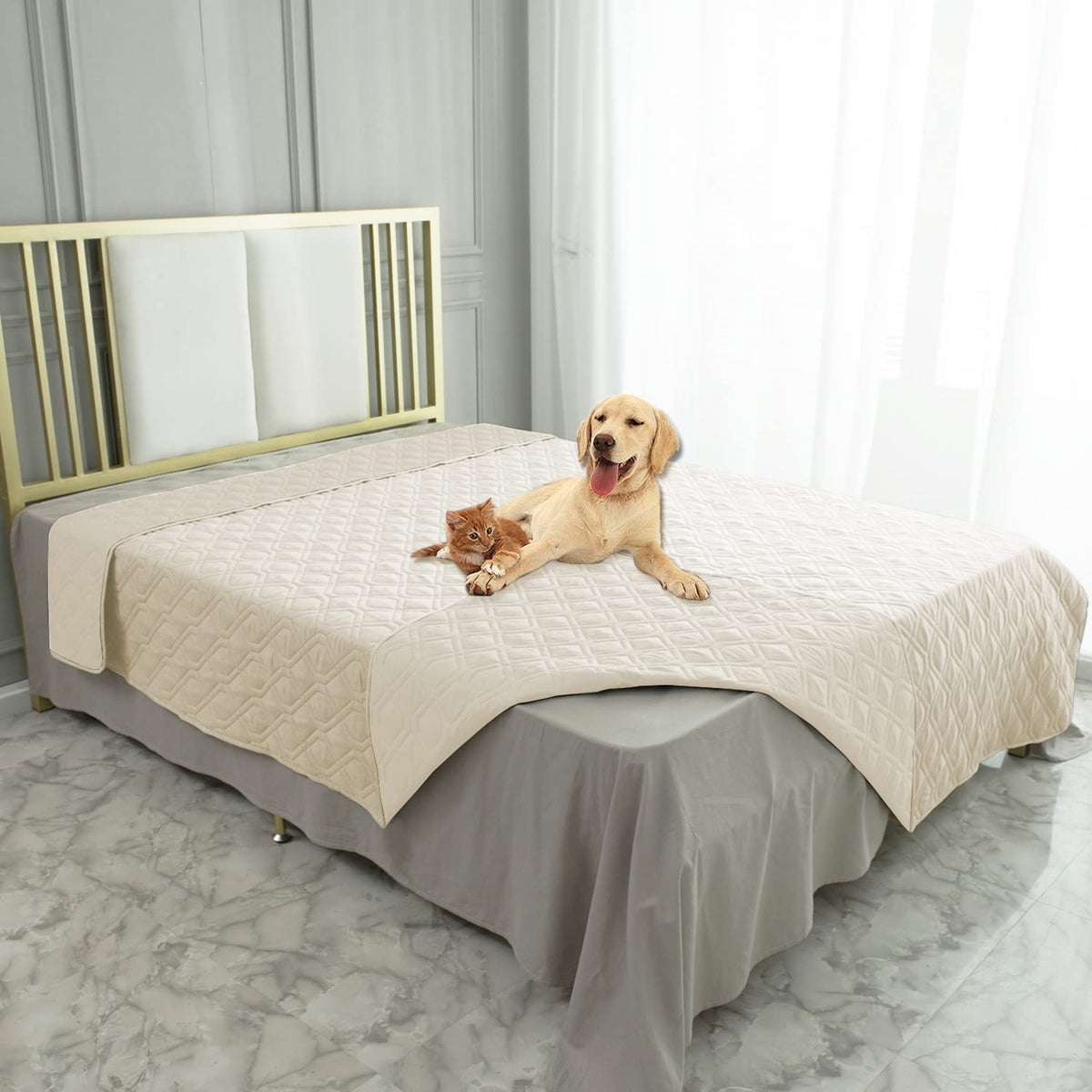 Ameritex waterproof blanket on sofa shows spill protection with reversible design.