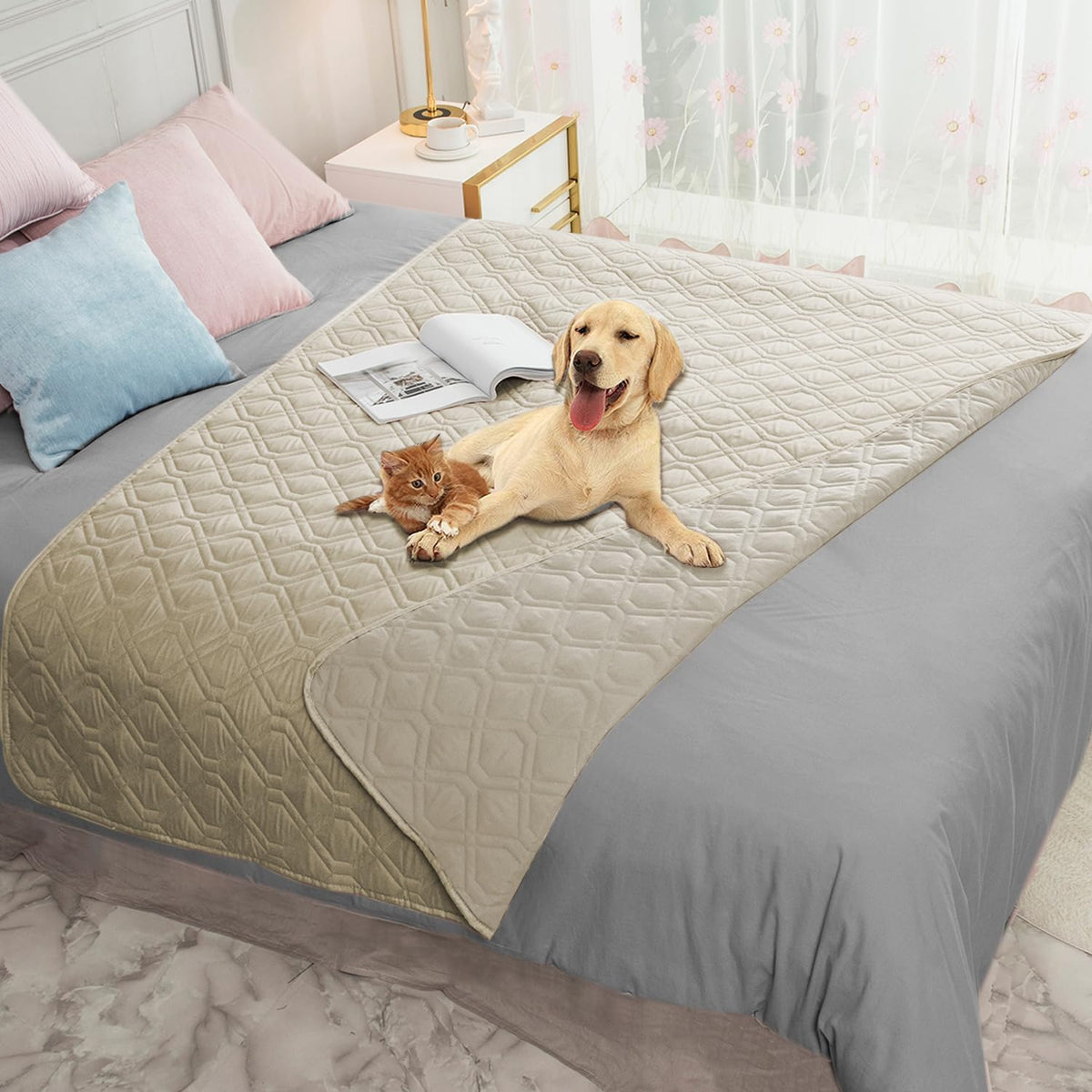 Ameritex waterproof dog bed cover close-up fabric protects furniture from spills and stains.