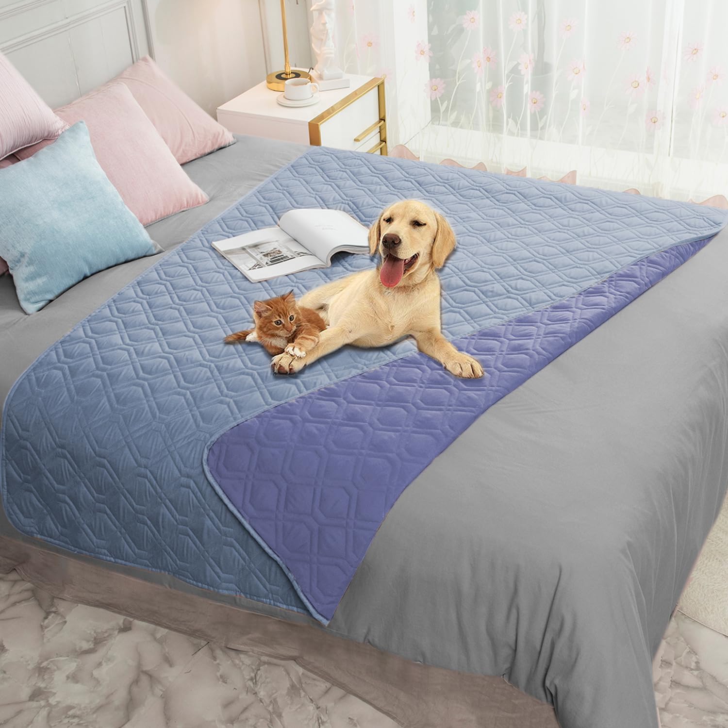 Ameritex waterproof dog bed cover folded on sofa protecting furniture from spills.