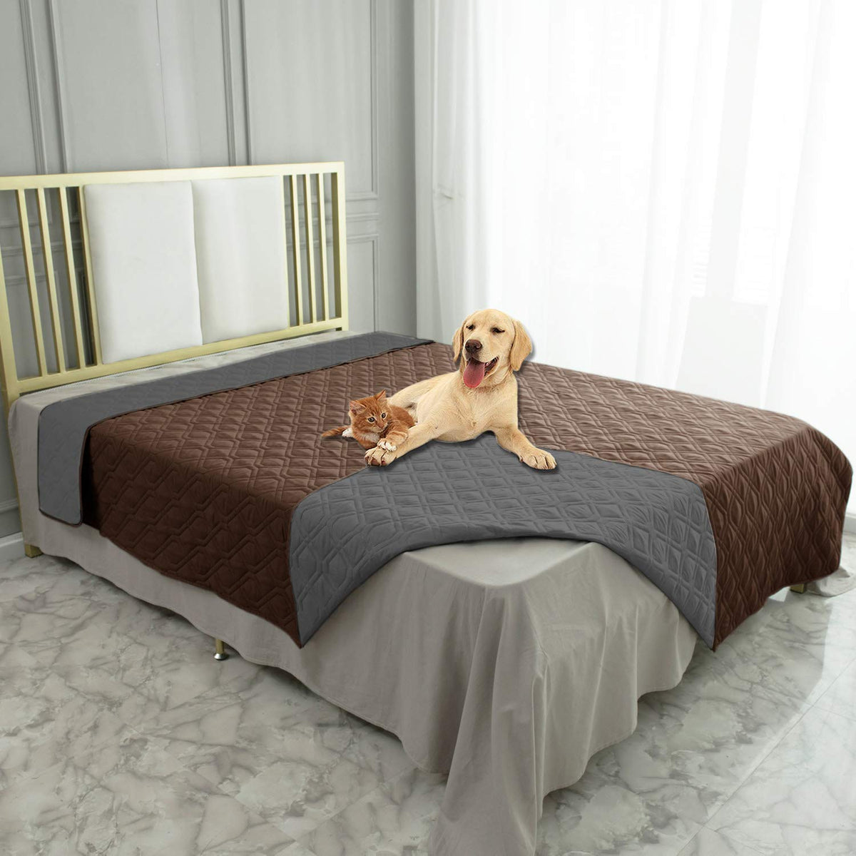 Ameritex waterproof dog bed cover folded, protects furniture from spills.