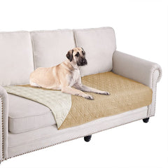 Ameritex waterproof dog bed cover on sofa protects furniture from spills and drool.