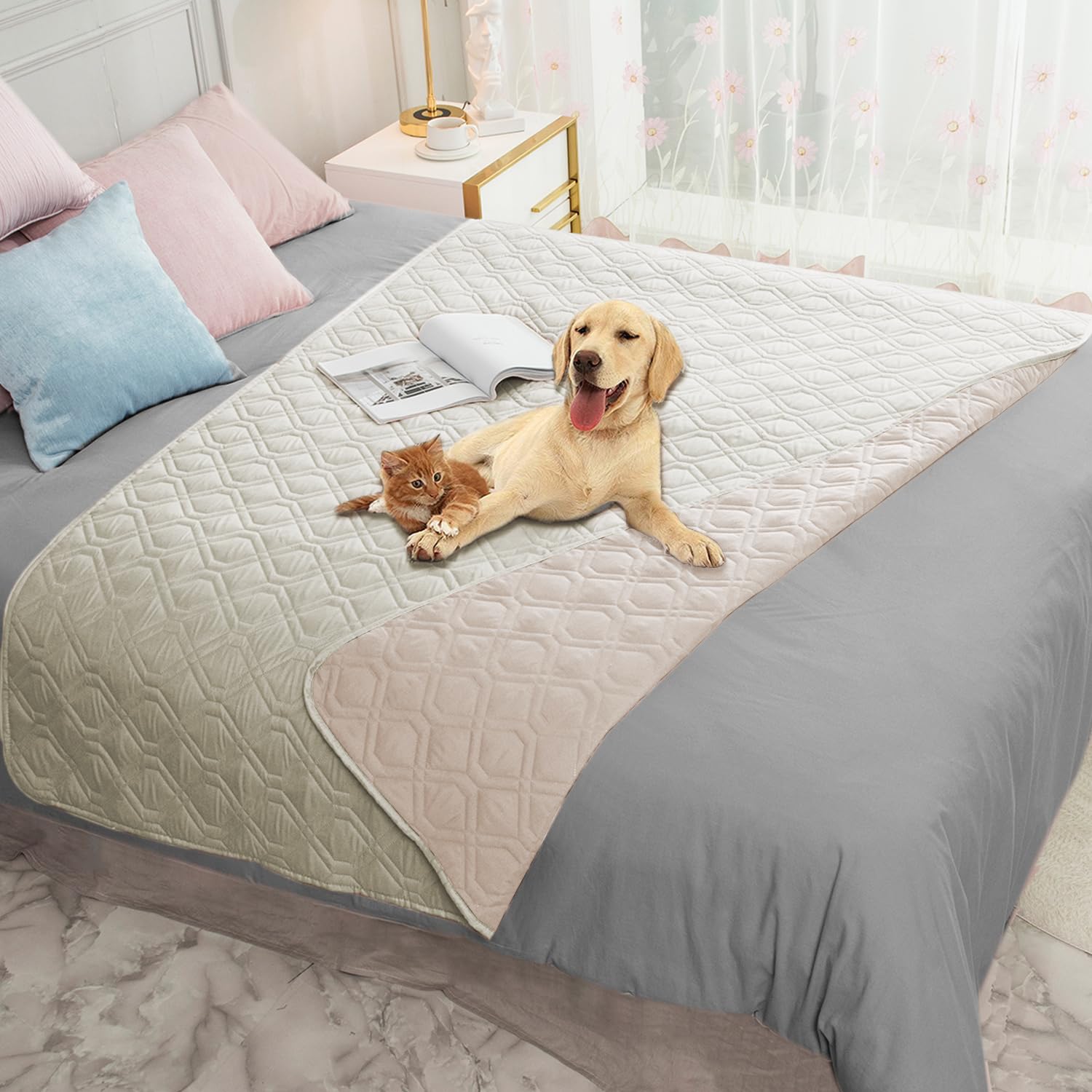 Ameritex waterproof dog bed cover on sofa protects furniture from spills and accidents
