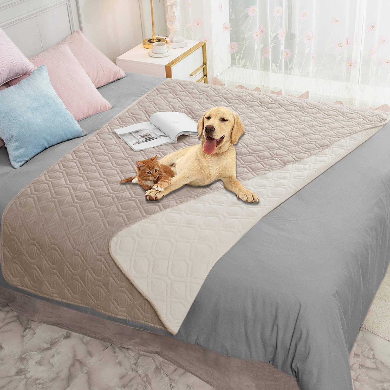 Ameritex waterproof dog bed cover reverses for two styles, protecting furniture from accidents and spills.
