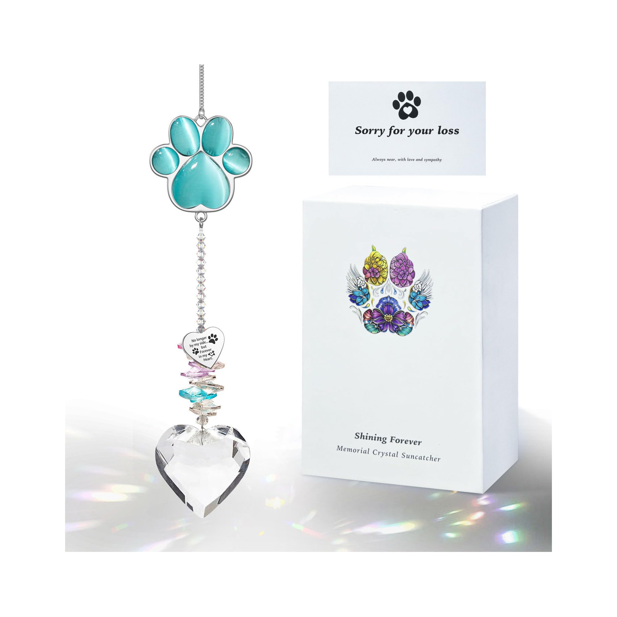 Amethuartz Pet Memorial Suncatcher with dog paw crystal captures sunlight for warm remembrance.