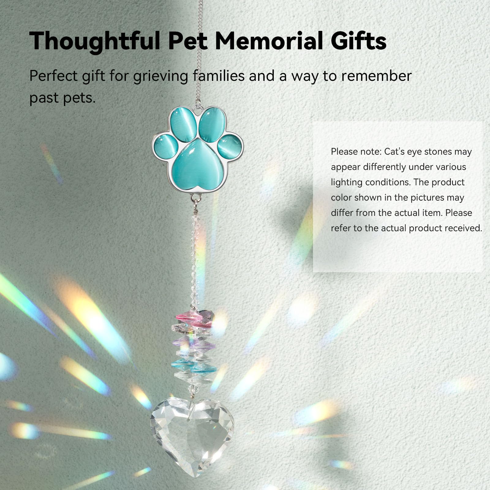 Amethuartz Pet Memorial Suncatcher hangs by window turning sunbeams into ethereal rainbows.