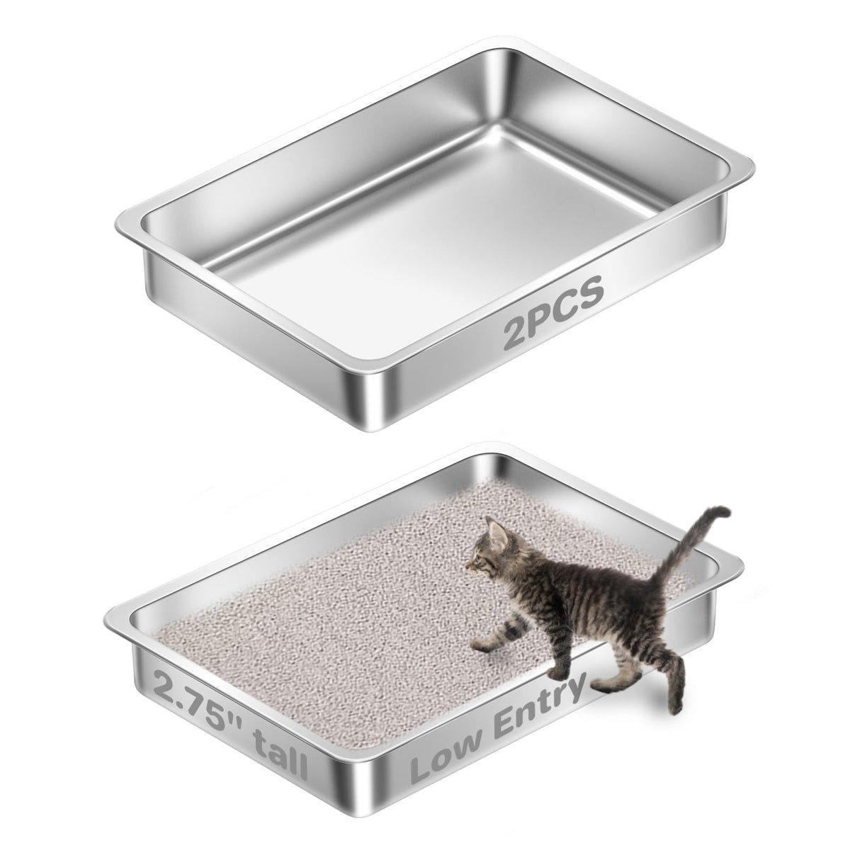 Amibud low-entry stainless steel litter box front view for easy senior-cat access.