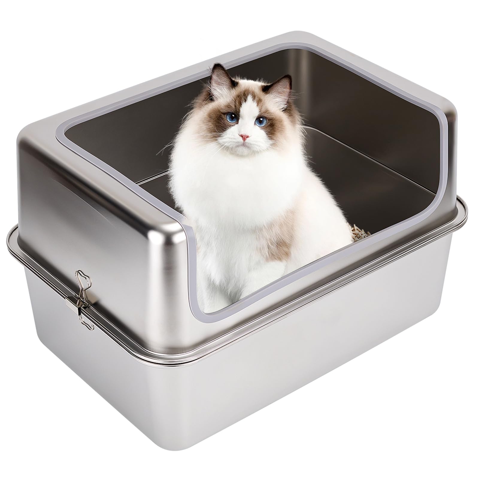 Amibud stainless steel cat litter box with metal lid showcasing durable design for daily use