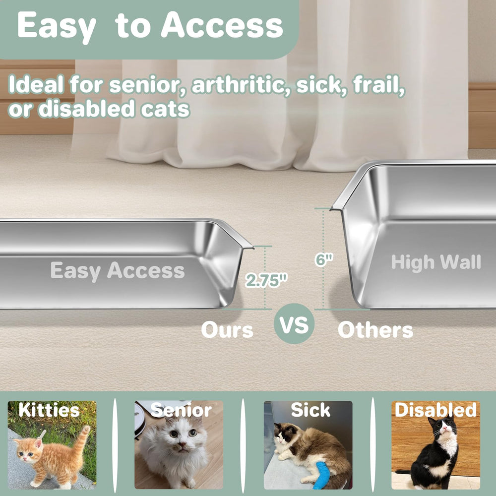 Amibud stainless steel litter box close-up shows non-stick surface and odor resistance.