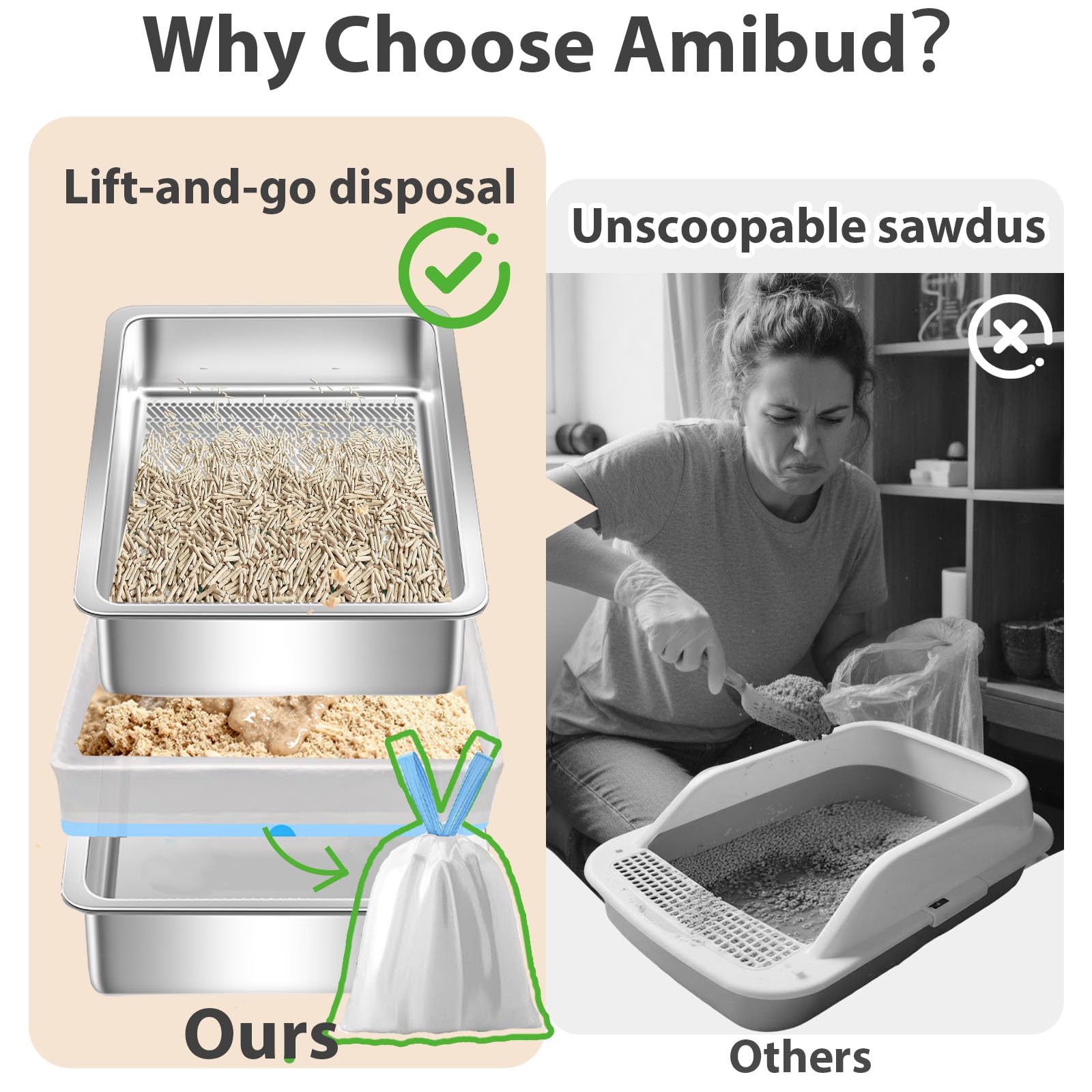 Amibud stainless steel sifting litter box side angle highlights spacious XL capacity