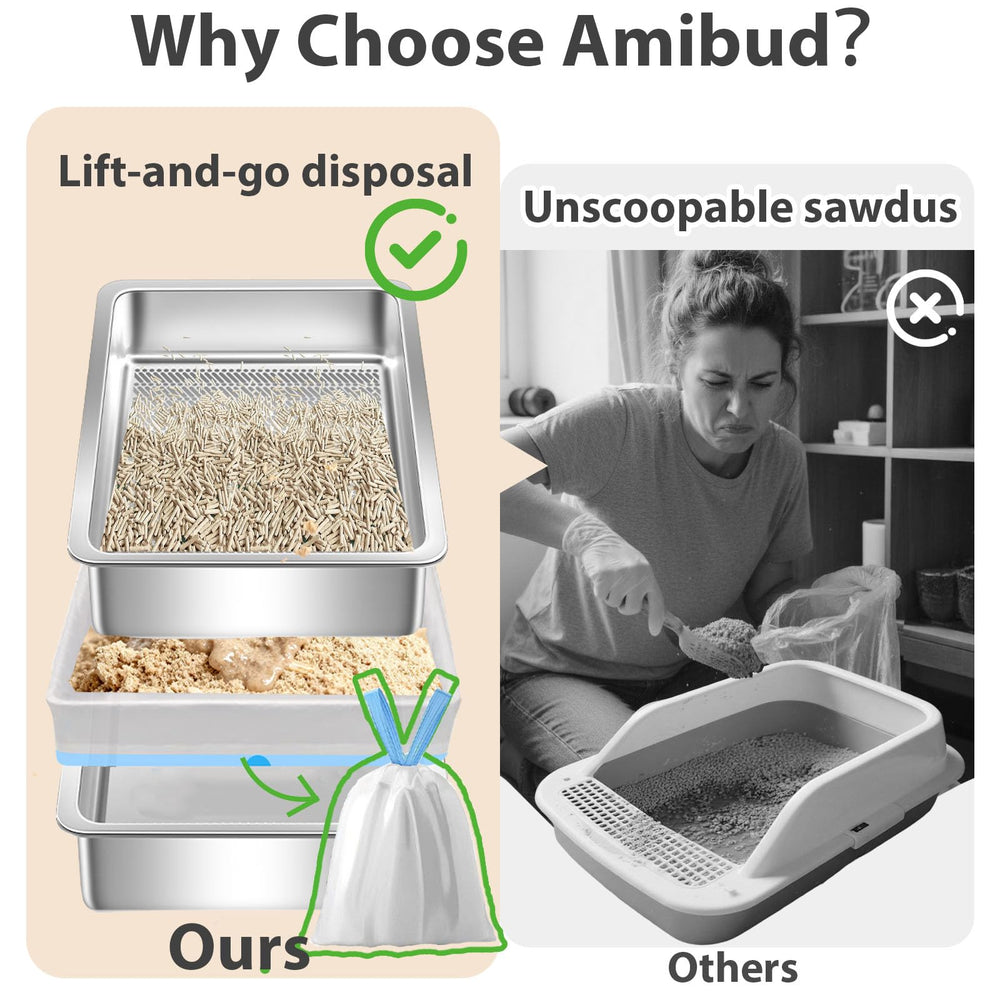Amibud stainless steel sifting litter box side angle highlights spacious XL capacity