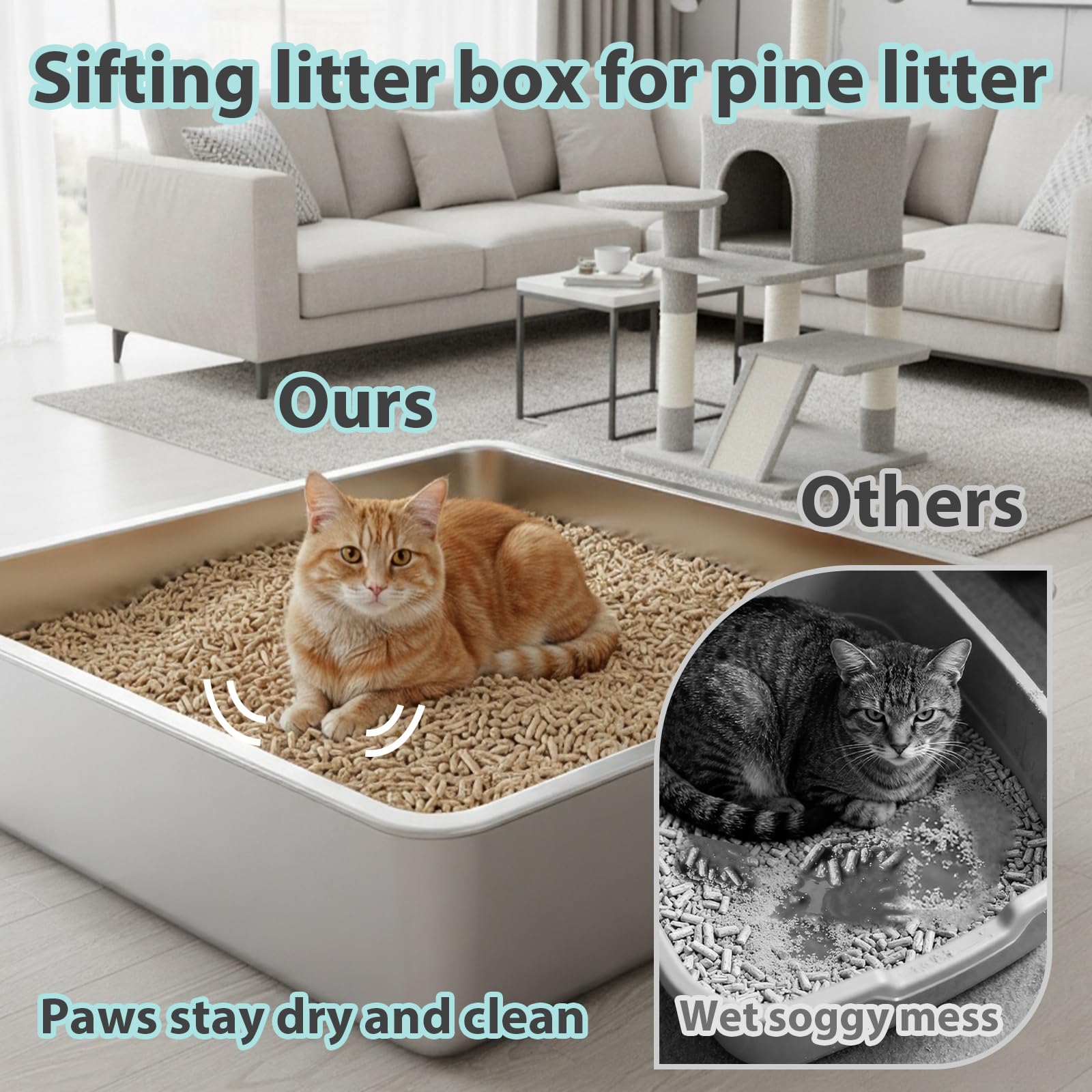 Amibud stainless steel sifting litter box top view highlighting slim profile and interior space