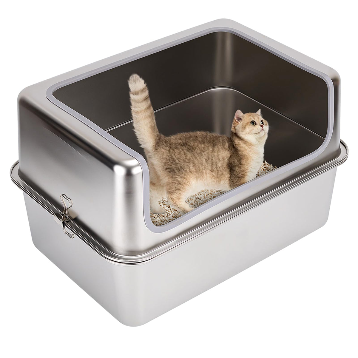 Amibud stainless steel XL cat litter box front view showing spacious interior