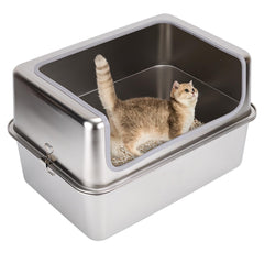 Amibud stainless steel XL cat litter box front view showing spacious interior
