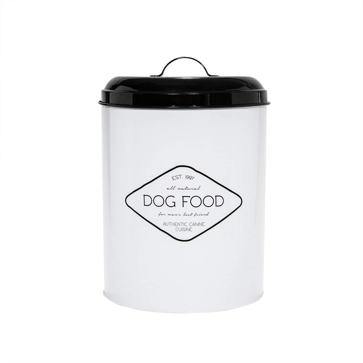 Amici Pet Buster storage bin front view with compact metal design for pantry storage