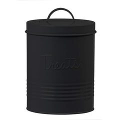 Amici Pet retro metal storage canister front view shows matte black finish and fresh-treat protection.