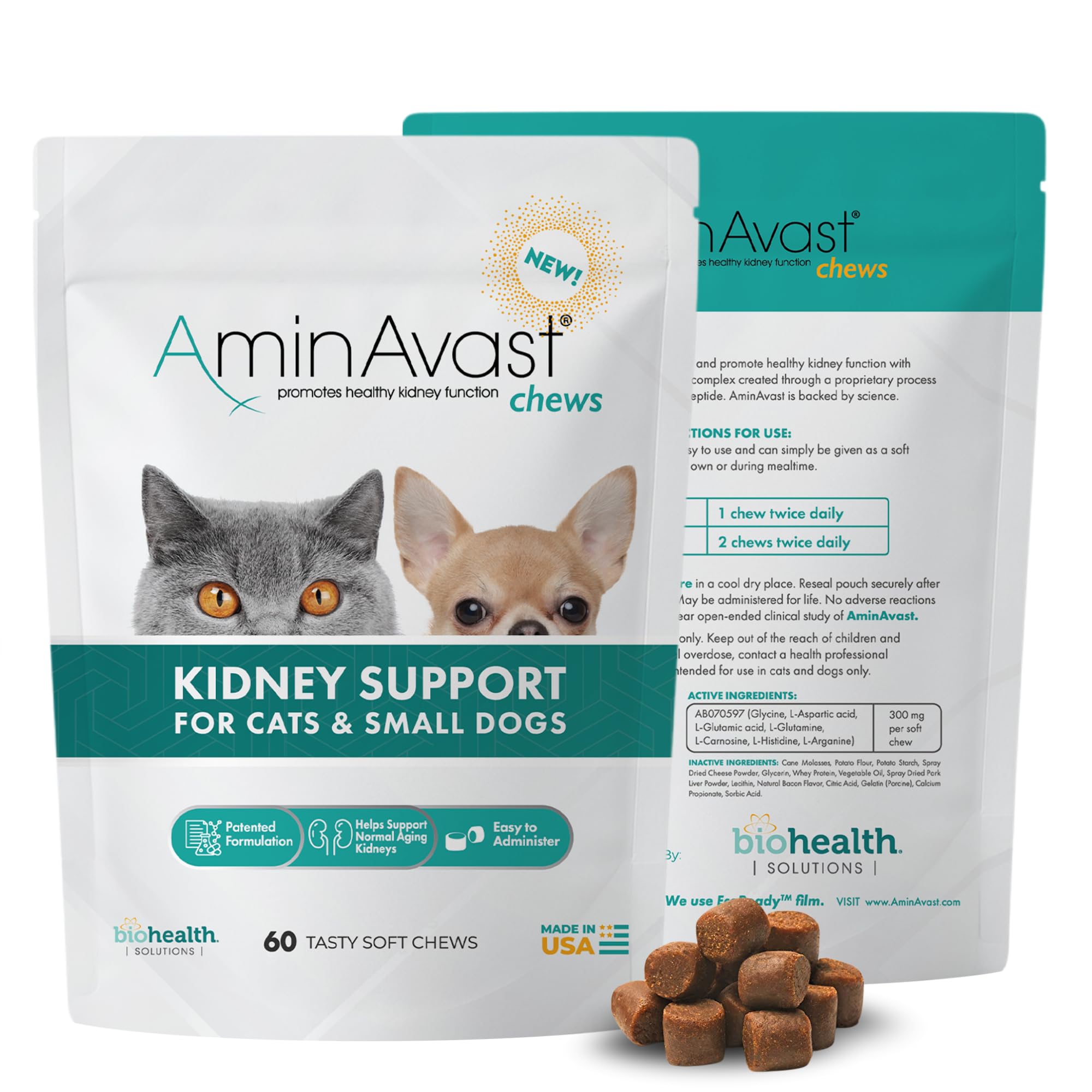AminAvast kidney chews close-up, palatable daily support for cats and small dogs.