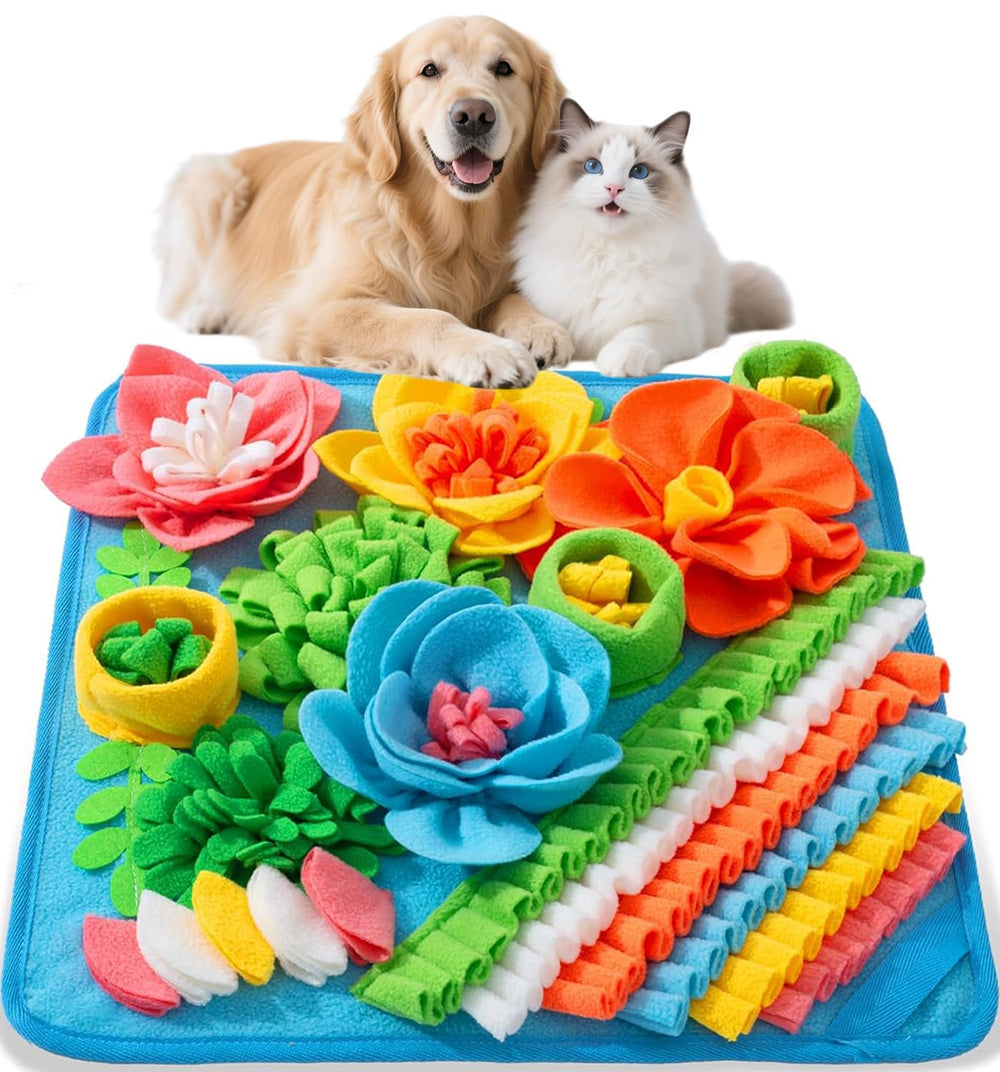 AMIR Snuffle Mat with flower design hides treats to encourage slow feeding and sniffing