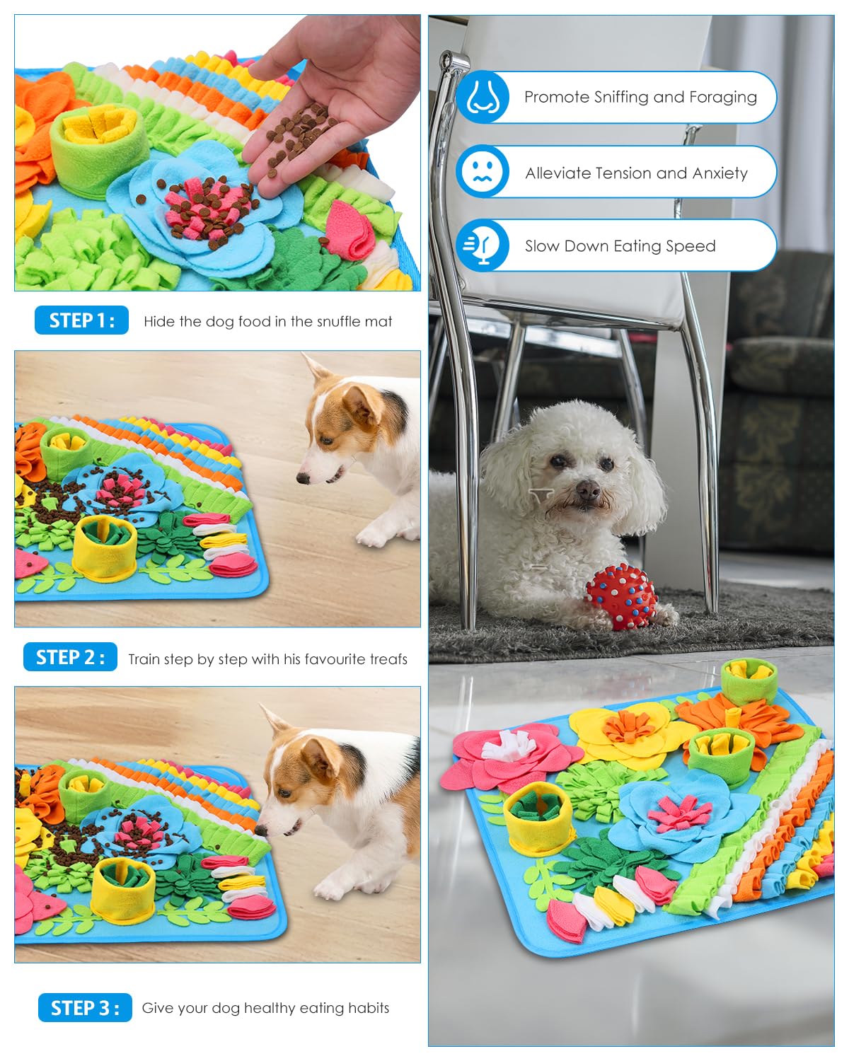 AMIR Snuffle Mat suction cups secure it on flat surfaces for steady feeding