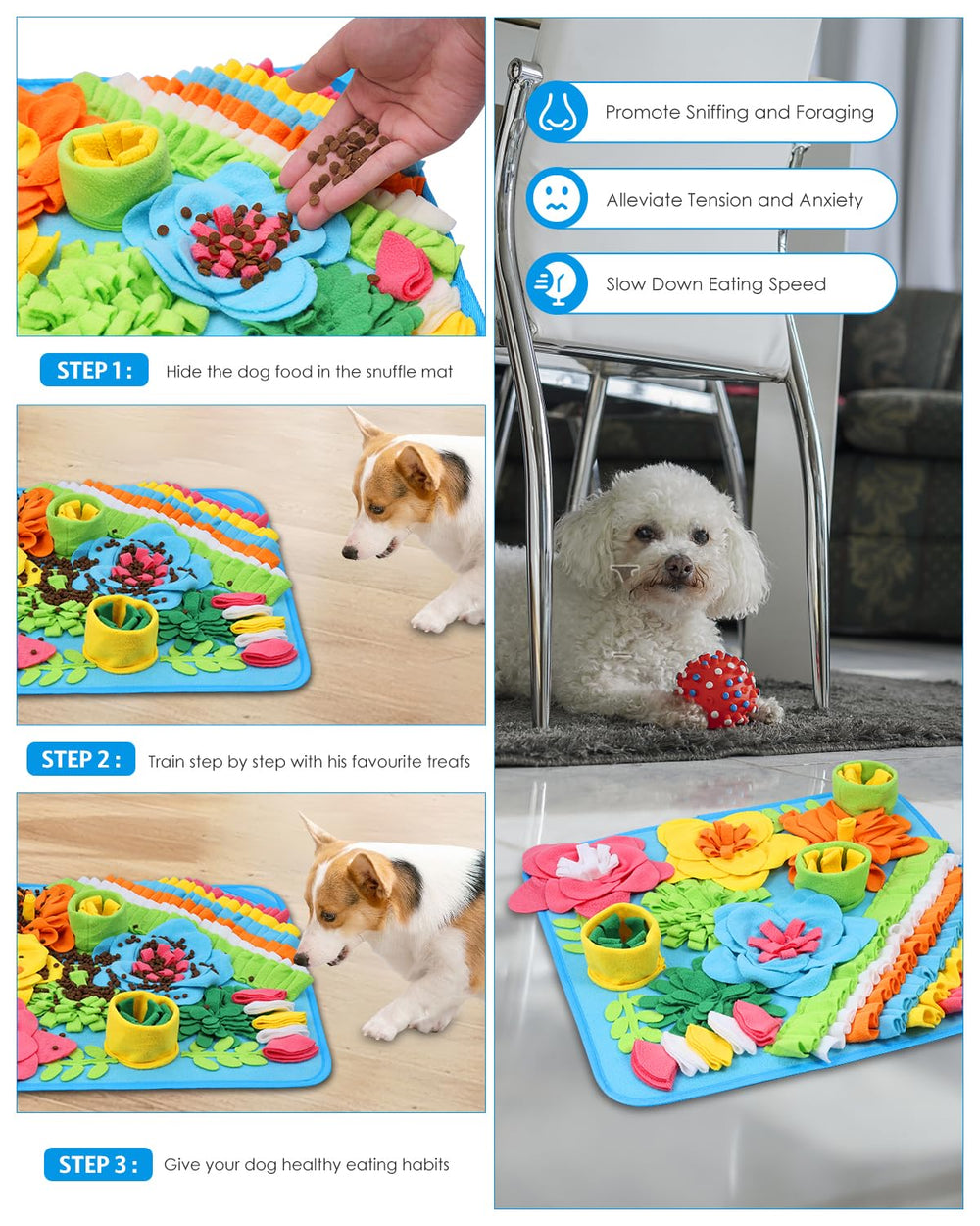 AMIR Snuffle Mat suction cups secure it on flat surfaces for steady feeding