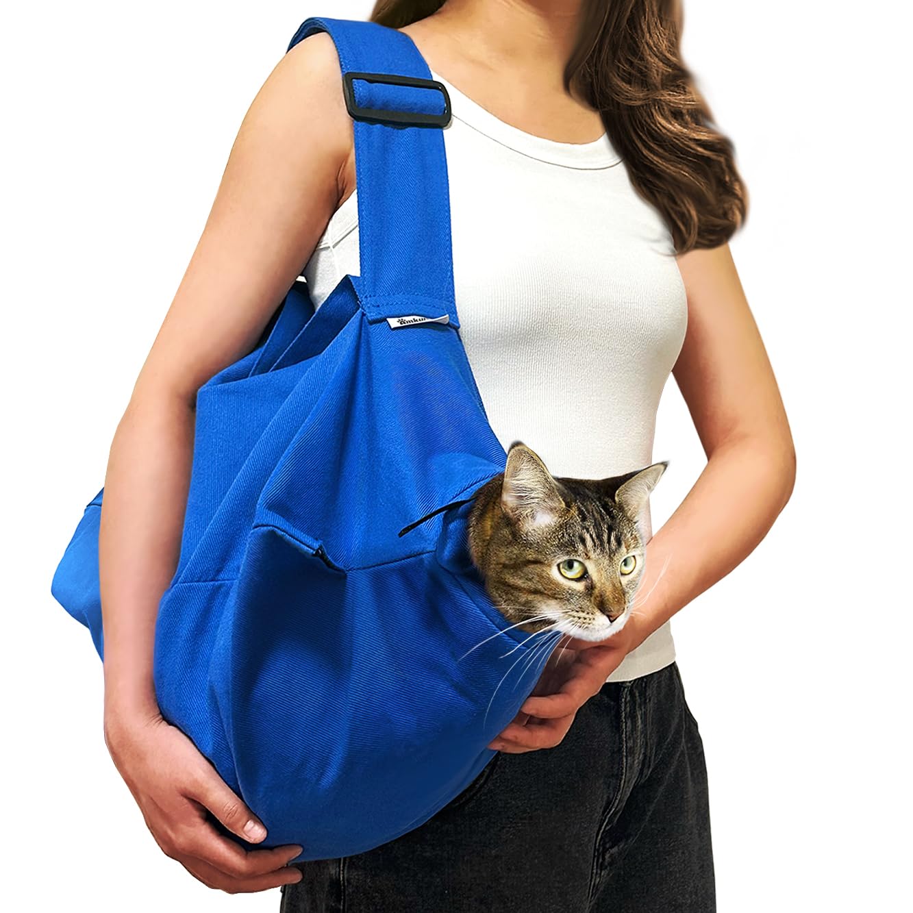 Amkune Cat Carrier Pouch Klein Blue on cat for secure travel
